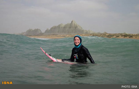 Irish woman surfing off the coast of Chabahar